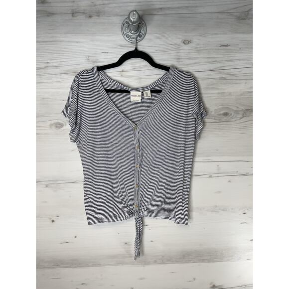 Rachel Zoe Shirt Womens Medium Navy White Striped Linen Tie Front Button V-Neck - Picture 1 of 9